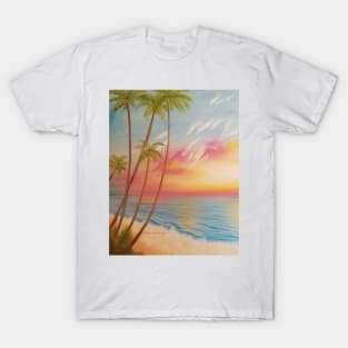 Paradise, Beautiful Beach, Beach Painting, Pale Beach, Pastel Beach, Pink Sky, Palm Trees, Beach Life T-Shirt